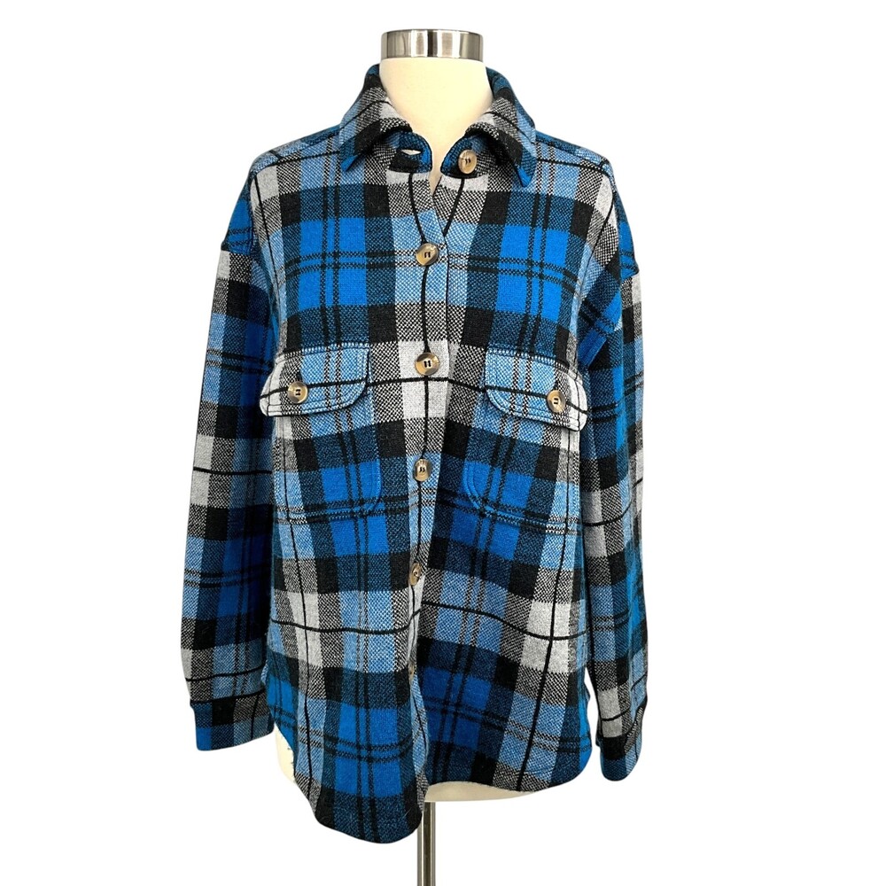 AMO Denim Wool Shacket Shirt Jacket Blue Plaid Size Small S Chore Pockets